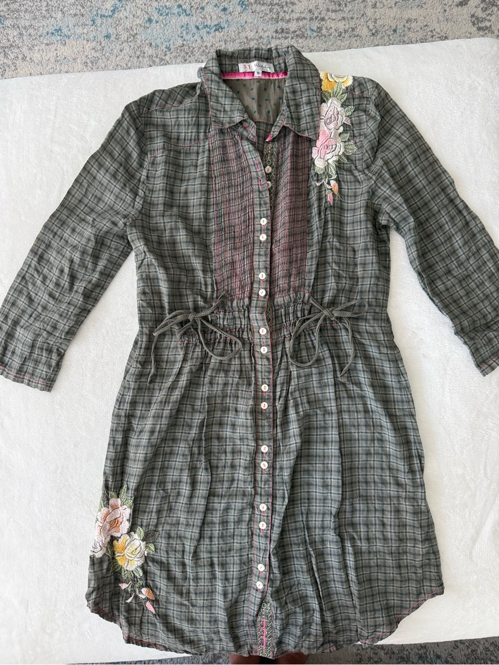 Johnny Was 3 J Olive Plaid Dress with Embroidery Size Small E04 - Picture 6 of 11